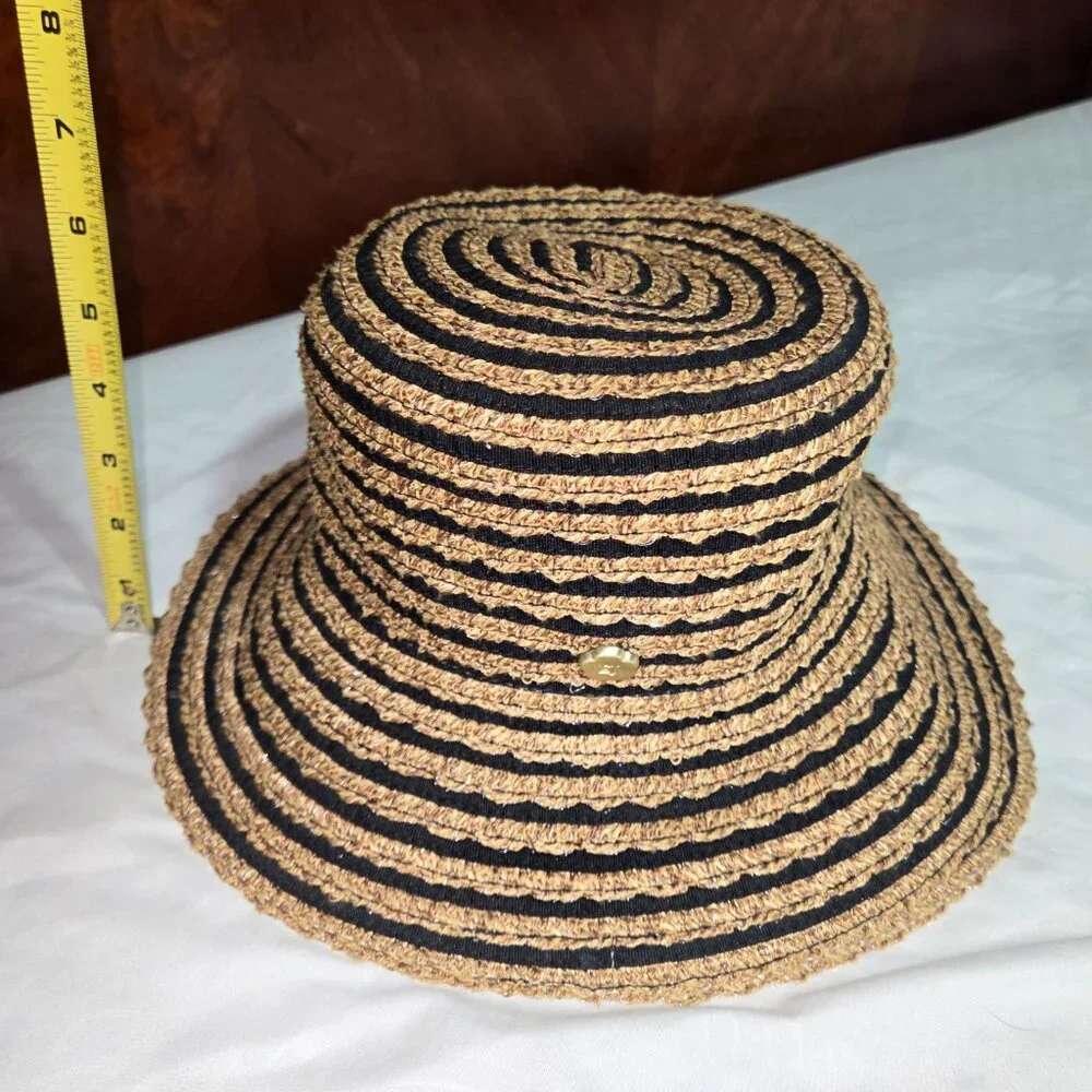 Eric Javits New York Packable Straw Bucket Sun Hat Tan Black Stripe UPF - Picture 13 of 14